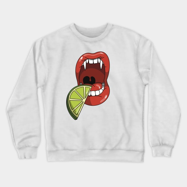 Mouth with vampire teeth about to take a bite into slice of lime Crewneck Sweatshirt by Fruit Tee